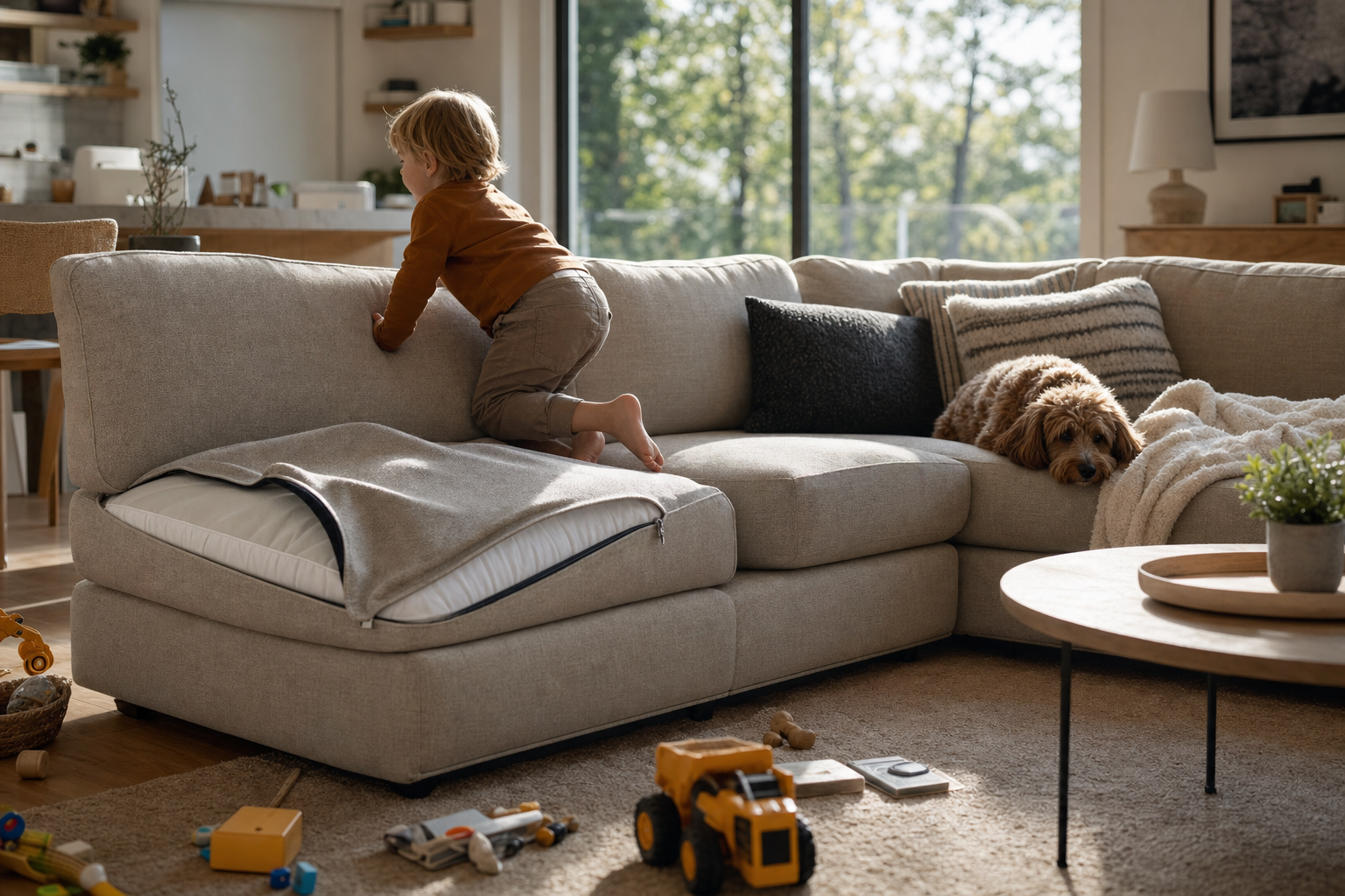 Bank op maat in huiskamer met kinderen en huisdieren