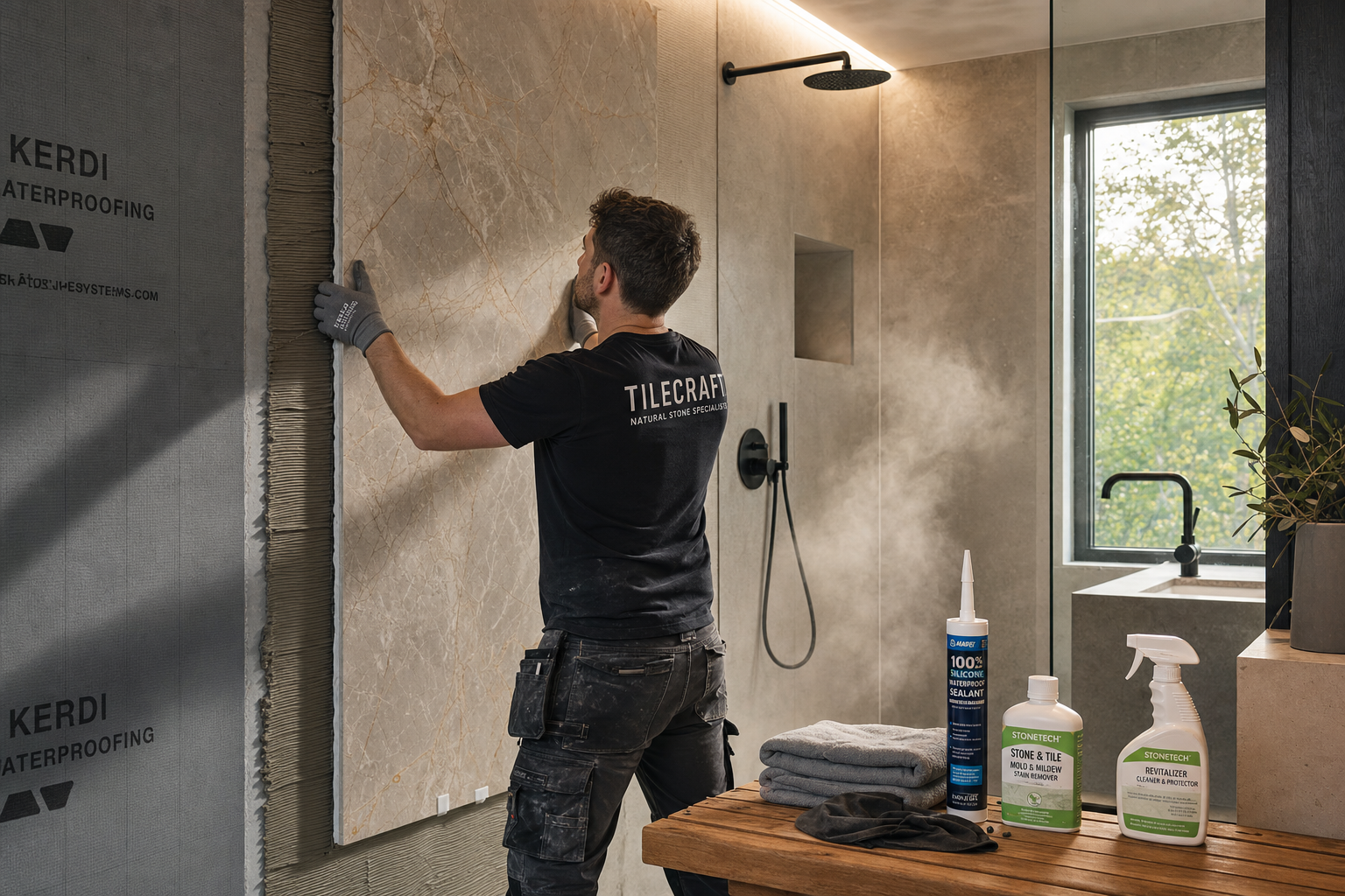 Natuursteen wandpaneel in badkamer