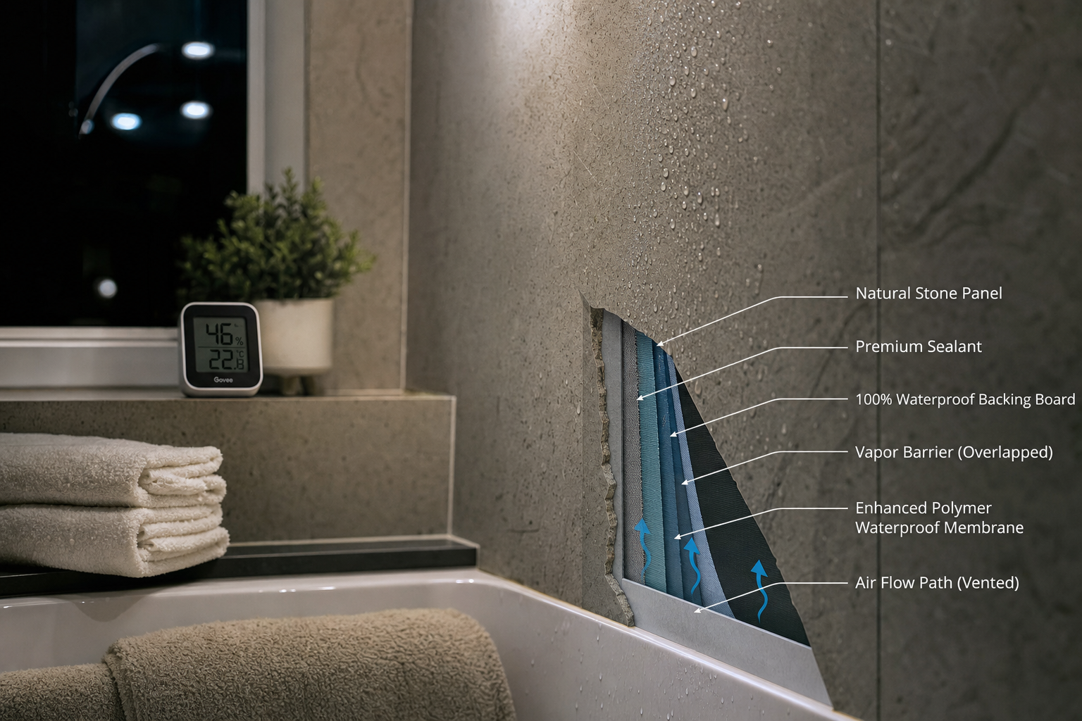 Waterdichting natuursteen wandpaneel badkamer