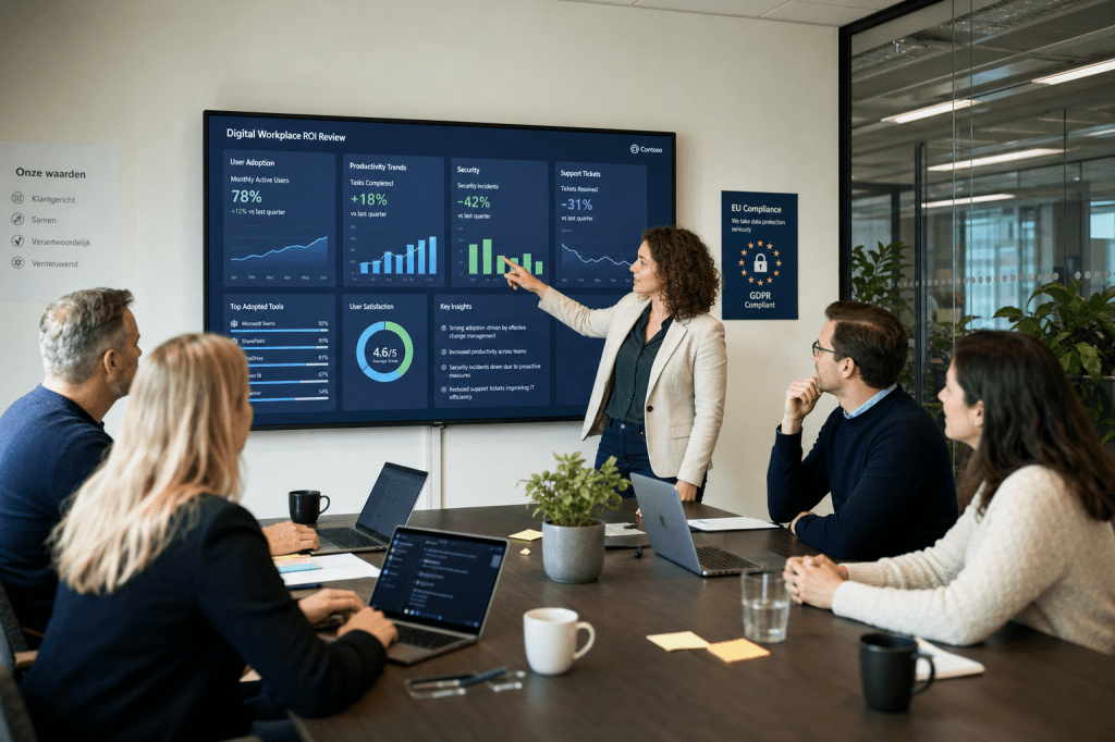 Hoe meet je de ROI en gebruikersadoptie van een digitale werkplek, en welke KPI’s horen daarbij (productiviteit, security,&nbsp;supportkosten)?